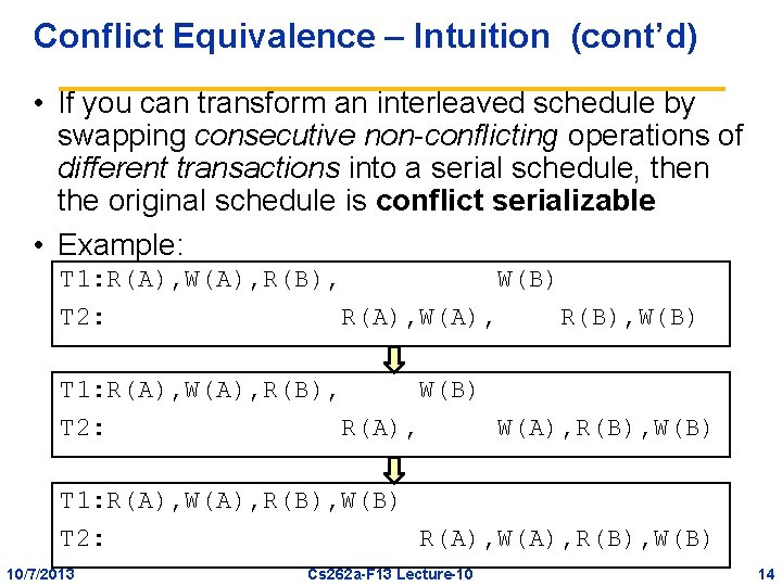 Conflict Equivalence – Intuition (cont’d) • If you can transform an interleaved schedule by