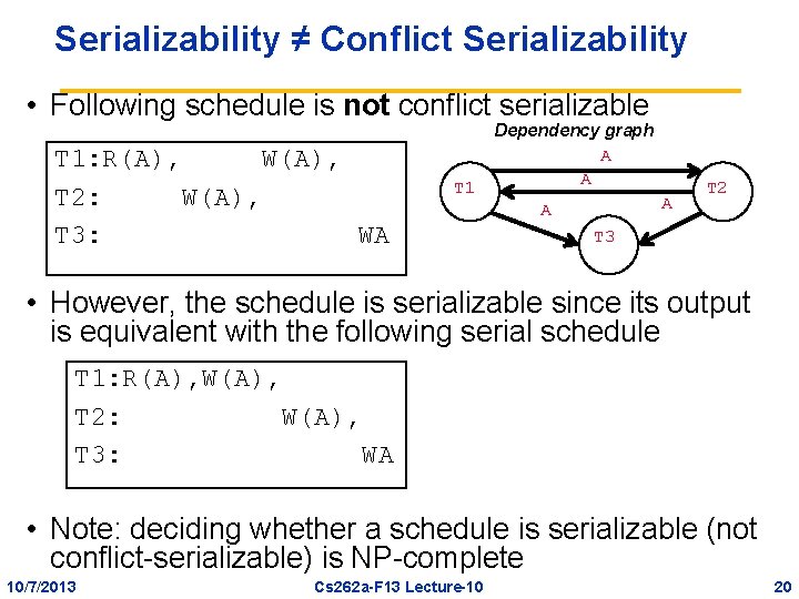 Serializability ≠ Conflict Serializability • Following schedule is not conflict serializable T 1: R(A),