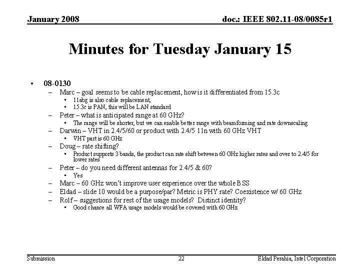 January 2008 doc. : IEEE 802. 11 -08/0085 r 1 Minutes for Tuesday January