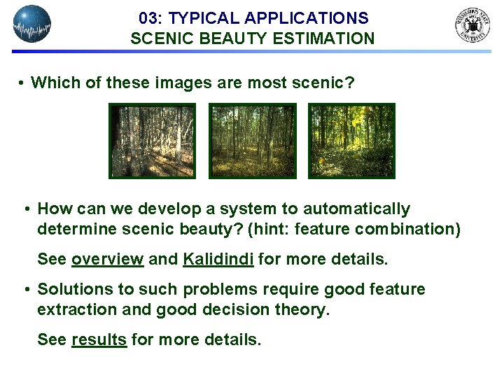 03: TYPICAL APPLICATIONS SCENIC BEAUTY ESTIMATION • Which of these images are most scenic?