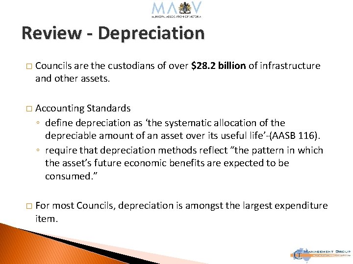 Review - Depreciation � Councils are the custodians of over $28. 2 billion of