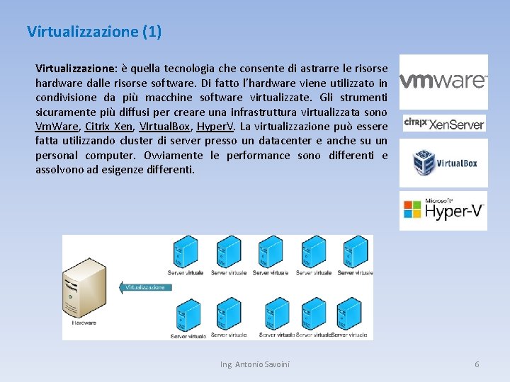 Virtualizzazione (1) Virtualizzazione: è quella tecnologia che consente di astrarre le risorse hardware dalle Virtualizzazione (1) Virtualizzazione: è quella tecnologia che consente di astrarre le risorse hardware dalle