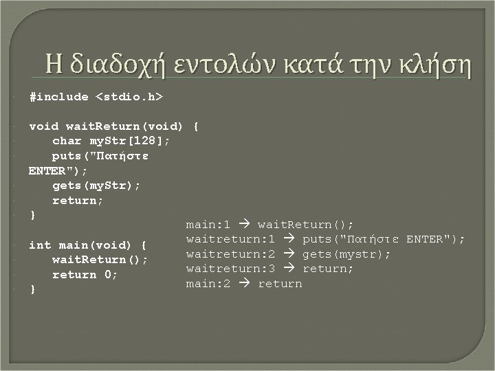 Η διαδοχή εντολών κατά την κλήση #include <stdio. h> void wait. Return(void) { char