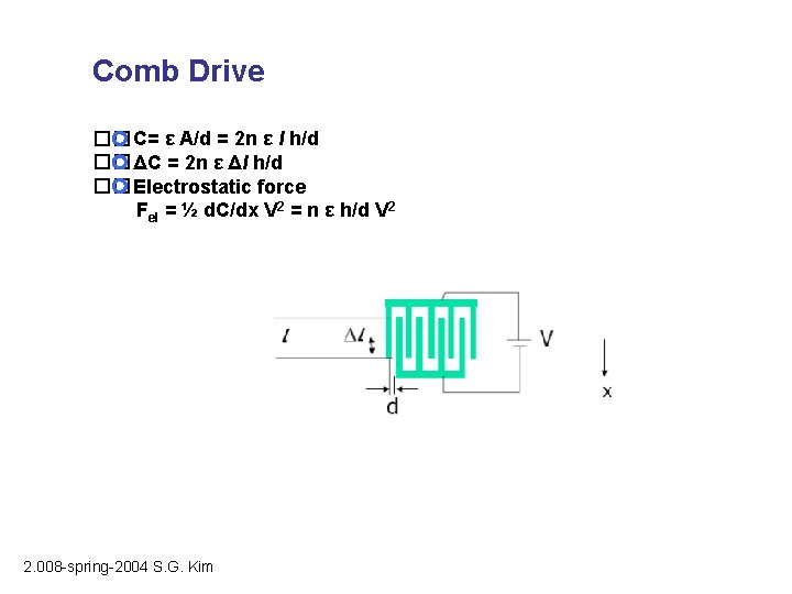 Comb Drive �� C= ε A/d = 2 n ε l h/d �� ΔC