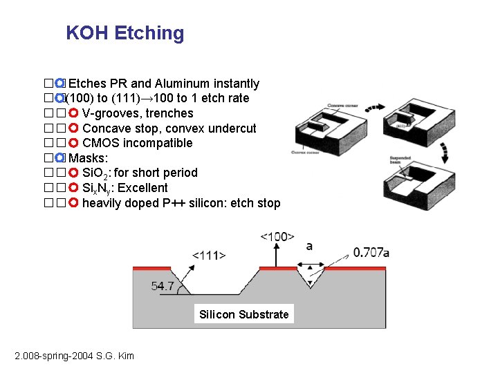 KOH Etching �� Etches PR and Aluminum instantly �� (100) to (111)→ 100 to