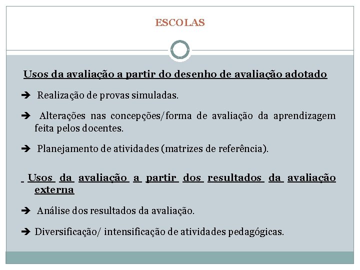 ESCOLAS Usos da avaliação a partir do desenho de avaliação adotado Realização de provas