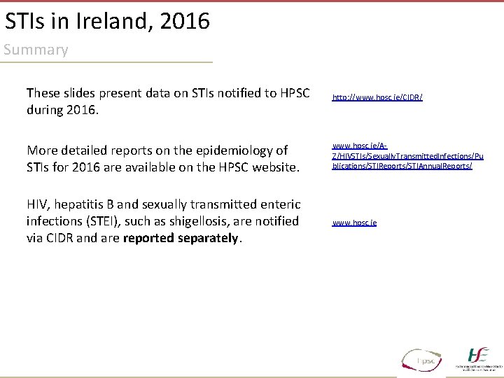STIs in Ireland, 2016 Summary These slides present data on STIs notified to HPSC