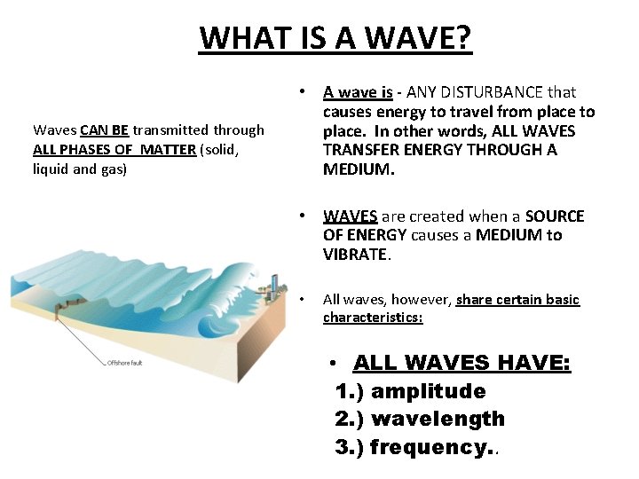 WHAT IS A WAVE? Waves CAN BE transmitted through ALL PHASES OF MATTER (solid,