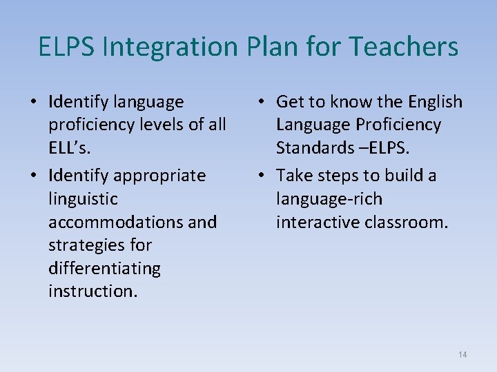 ELPS Integration Plan for Teachers • Identify language proficiency levels of all ELL’s. •