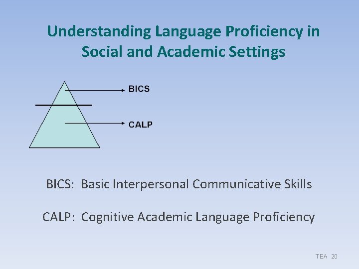 Understanding Language Proficiency in Social and Academic Settings BICS: Basic Interpersonal Communicative Skills CALP: