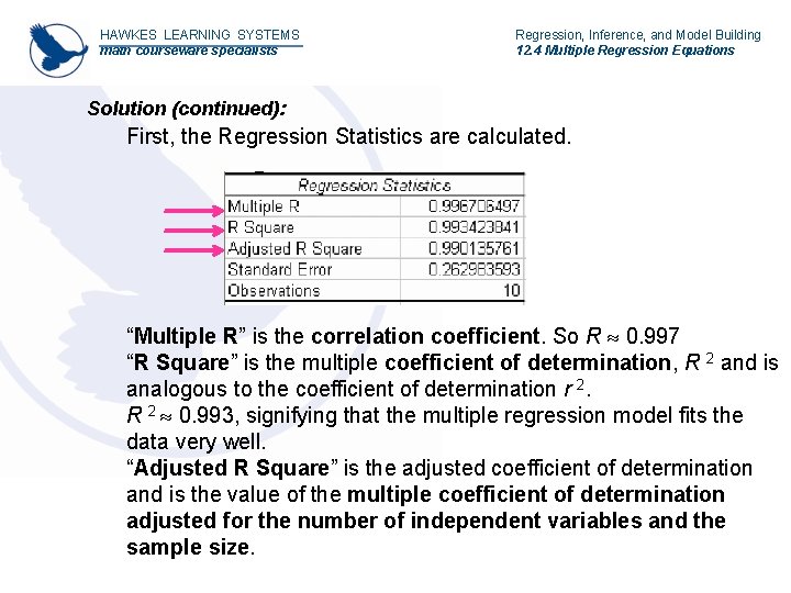 HAWKES LEARNING SYSTEMS math courseware specialists Regression, Inference, and Model Building 12. 4 Multiple