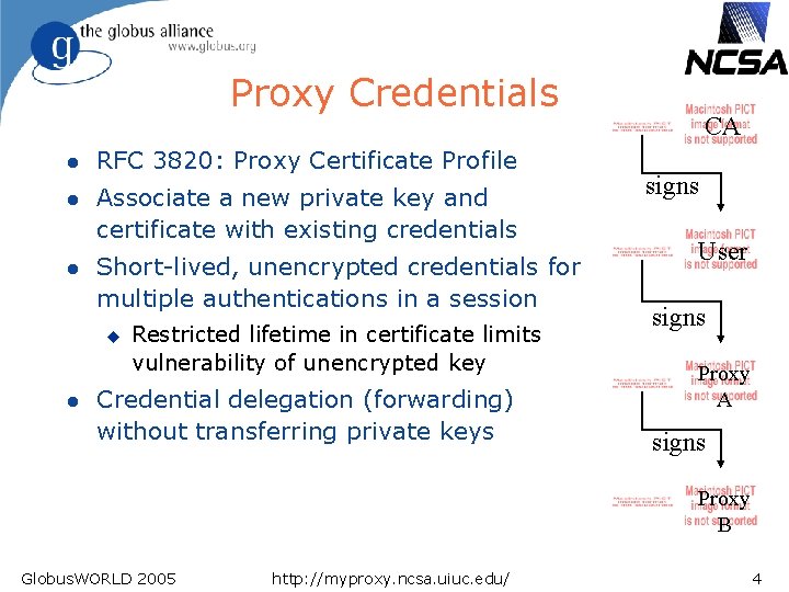 Proxy Credentials l RFC 3820: Proxy Certificate Profile l Associate a new private key