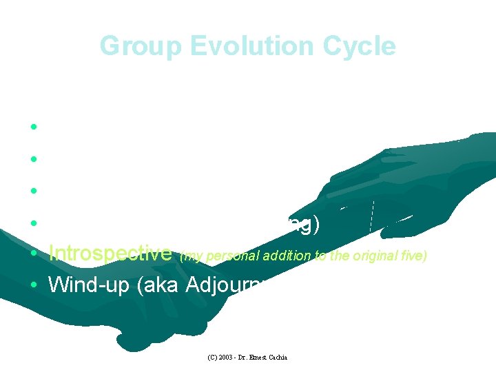 Group Evolution Cycle These are the six basic group life stages: • Formative •