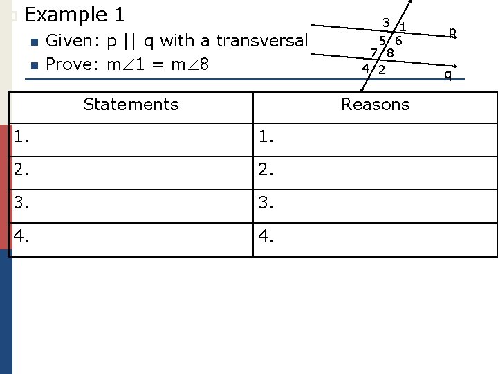 p Example 1 n n Given: p || q with a transversal Prove: m