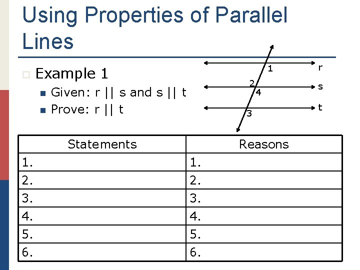 Using Properties of Parallel Lines p 1 Example 1 n n 2 Given: r