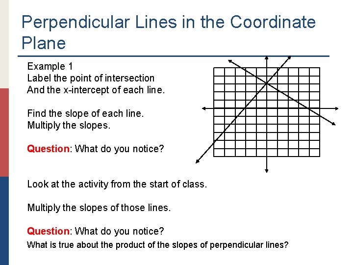 Perpendicular Lines in the Coordinate Plane Example 1 Label the point of intersection And