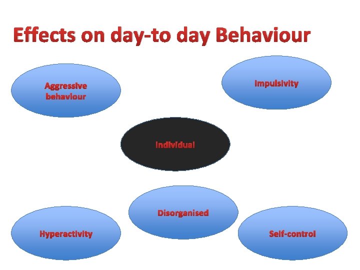 Effects on day-to day Behaviour Impulsivity Aggressive behaviour Individual Disorganised Hyperactivity Self-control 