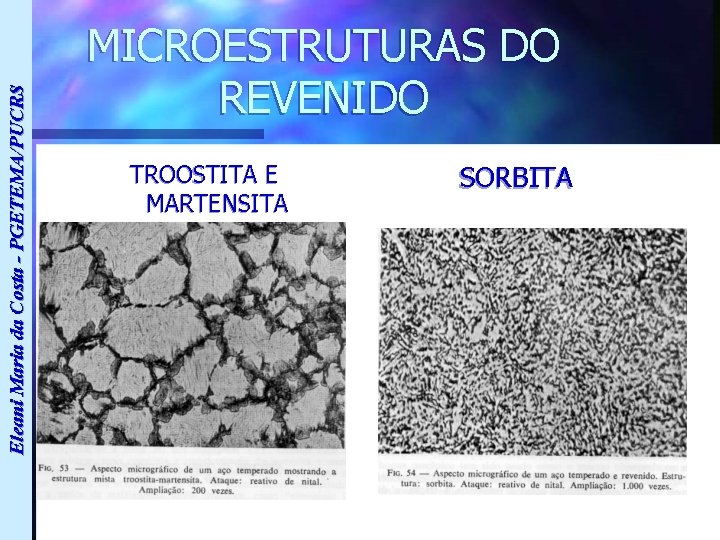 Eleani Maria da Costa - PGETEMA/PUCRS MICROESTRUTURAS DO REVENIDO TROOSTITA E MARTENSITA SORBITA 