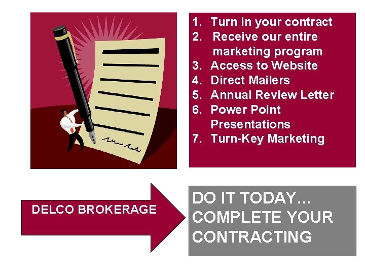 1. Turn in your contract 2. Receive our entire marketing program 3. Access to