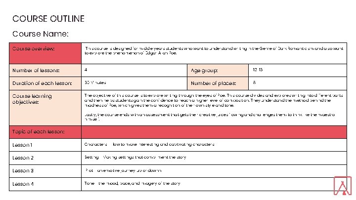 COURSE OUTLINE Course Name: Course overview: This course is designed for middle years students