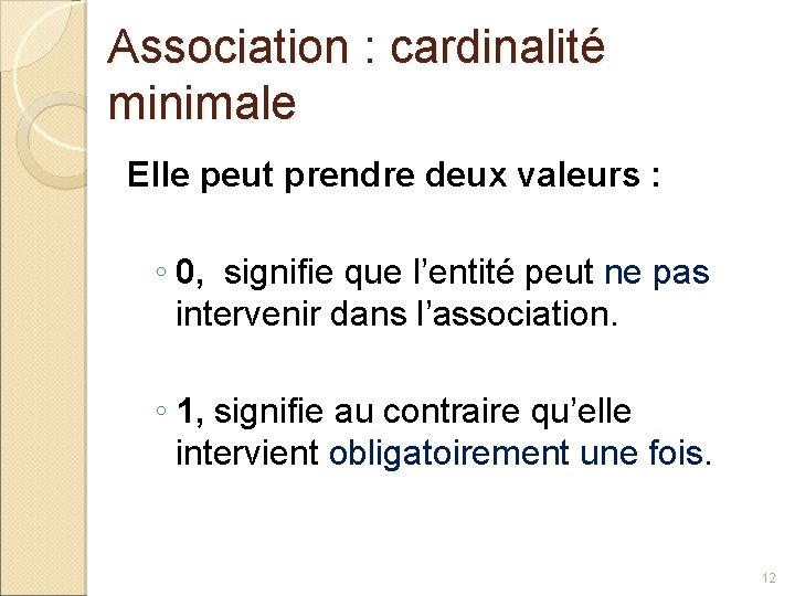 Association : cardinalité minimale Elle peut prendre deux valeurs : ◦ 0, signifie que