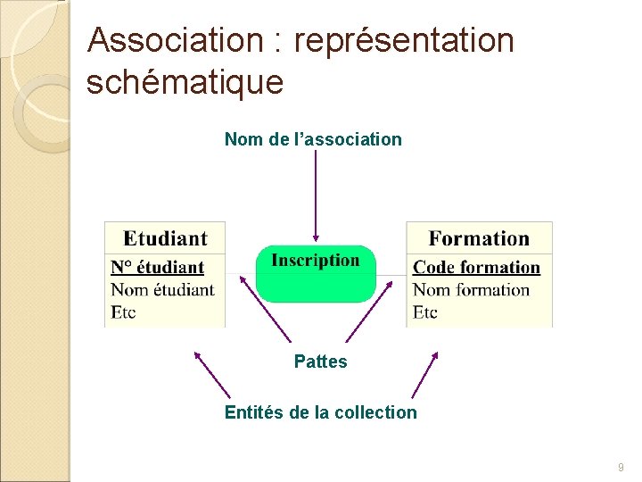 Association : représentation schématique Nom de l’association Pattes Entités de la collection 9 