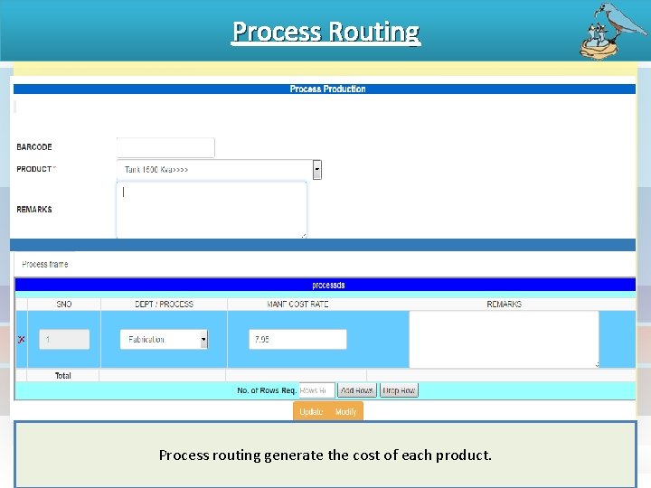 Process Routing Process routing generate the cost of each product. 
