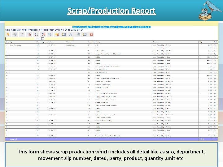 Scrap/Production Report This form shows scrap production which includes all detail like as sno,