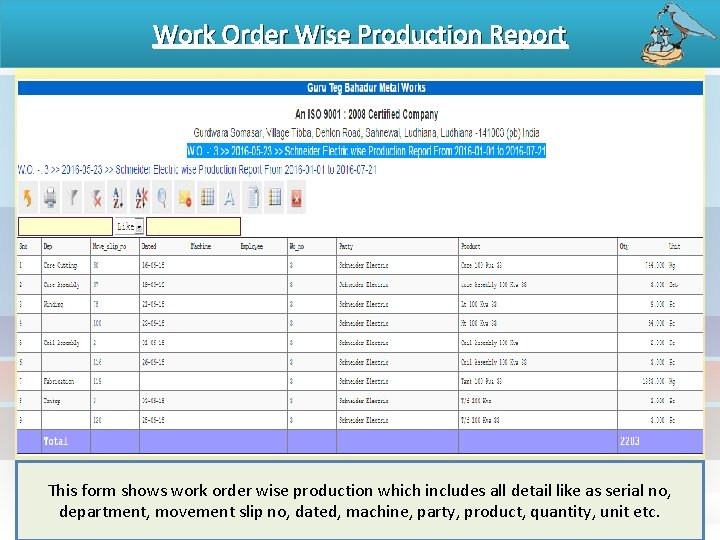 Work Order Wise Production Report This form shows work order wise production which includes