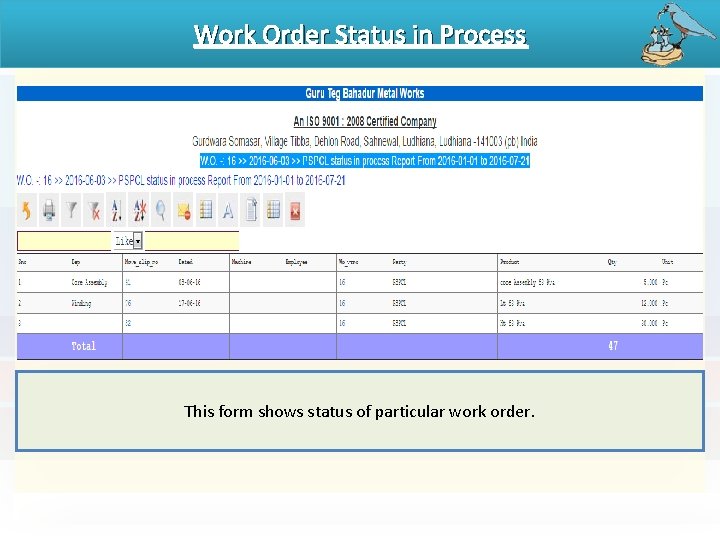 Work Order Status in Process This form shows status of particular work order. 