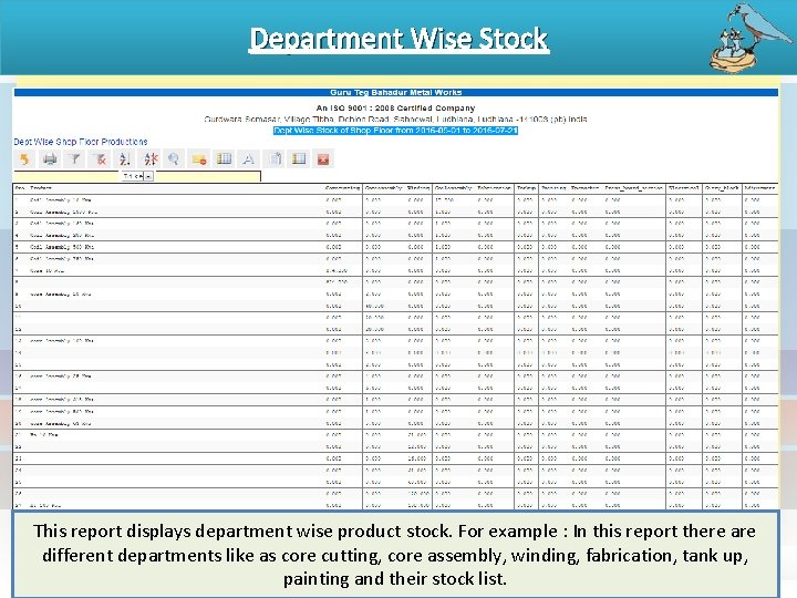 Department Wise Stock This report displays department wise product stock. For example : In