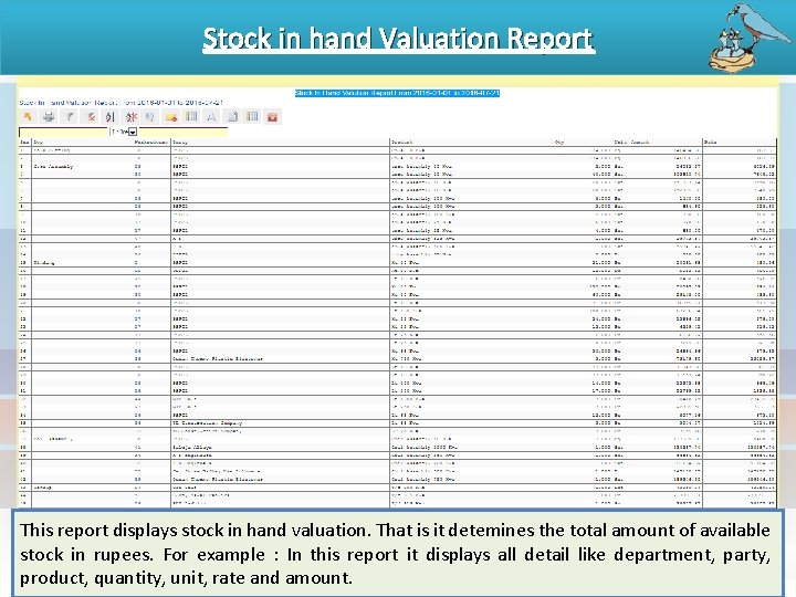 Stock in hand Valuation Report This report displays stock in hand valuation. That is