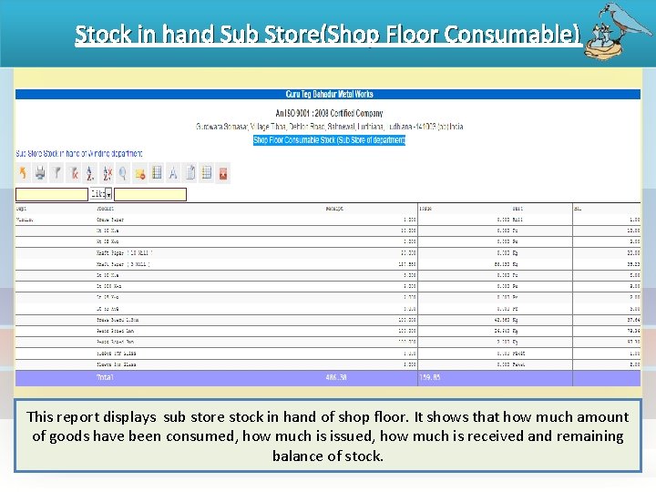 Stock in hand Sub Store(Shop Floor Consumable) This report displays sub store stock in