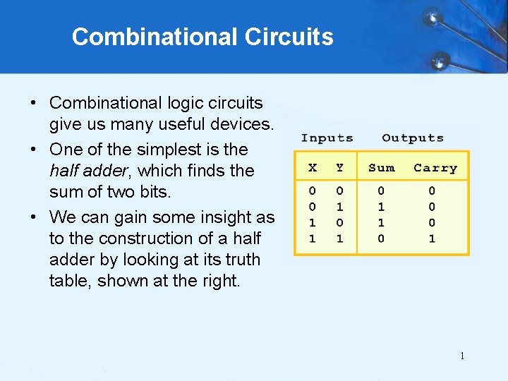 Combinational Circuits • Combinational logic circuits give us many useful devices. • One of
