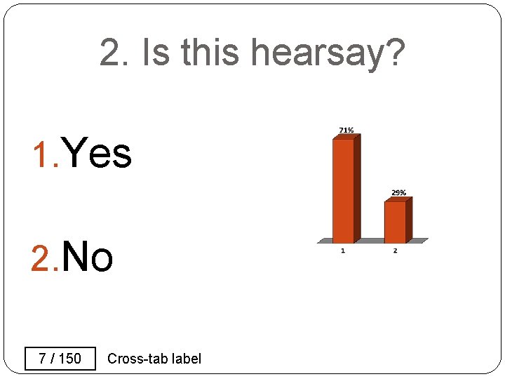2. Is this hearsay? 1. Yes 2. No 7 / 150 Cross-tab label 2. Is this hearsay? 1. Yes 2. No 7 / 150 Cross-tab label