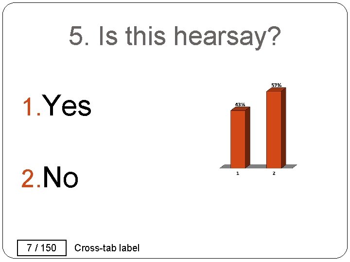 5. Is this hearsay? 1. Yes 2. No 7 / 150 Cross-tab label 5. Is this hearsay? 1. Yes 2. No 7 / 150 Cross-tab label
