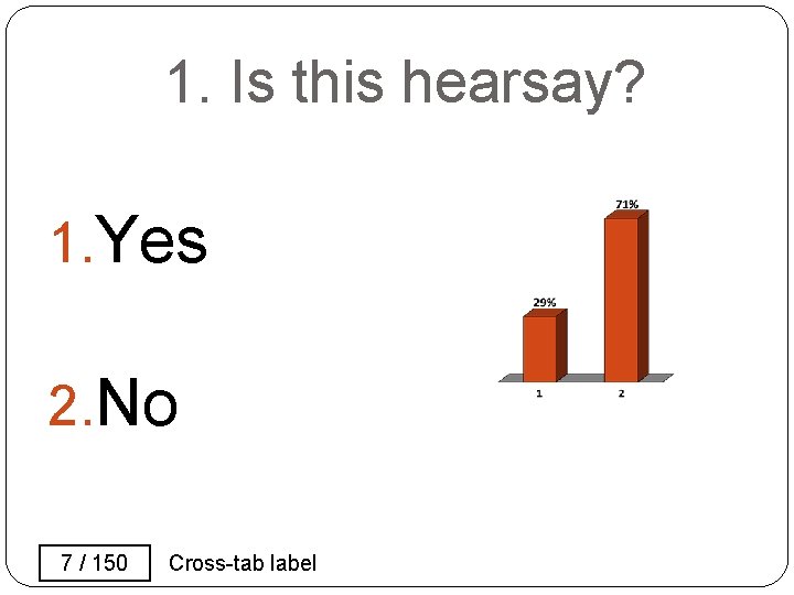 1. Is this hearsay? 1. Yes 2. No 7 / 150 Cross-tab label 1. Is this hearsay? 1. Yes 2. No 7 / 150 Cross-tab label