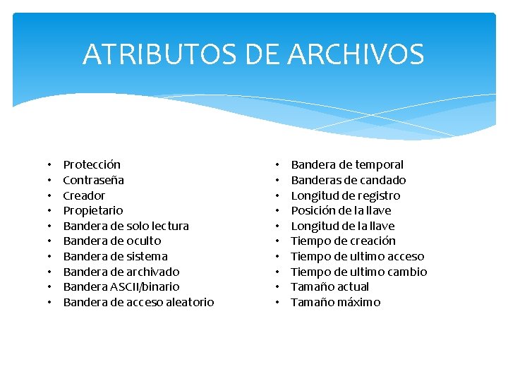 ATRIBUTOS DE ARCHIVOS • • • Protección Contraseña Creador Propietario Bandera de solo lectura