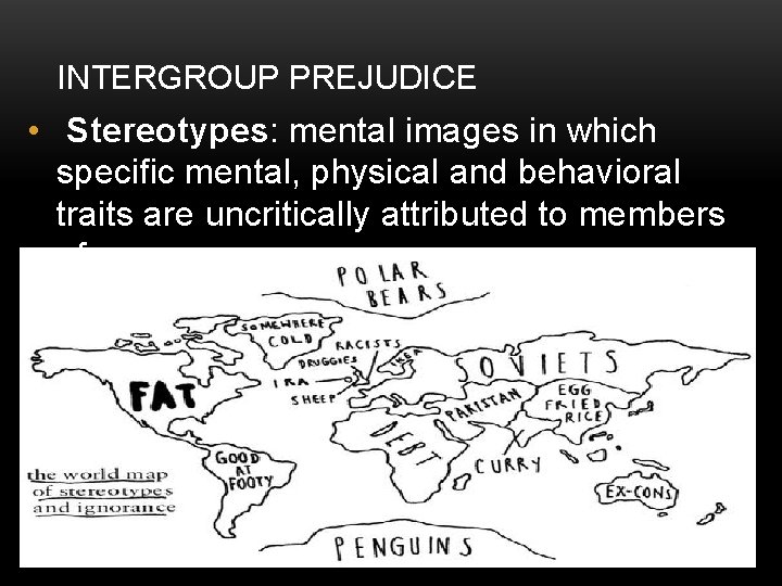 INTERGROUP PREJUDICE • Stereotypes: mental images in which specific mental, physical and behavioral traits INTERGROUP PREJUDICE • Stereotypes: mental images in which specific mental, physical and behavioral traits