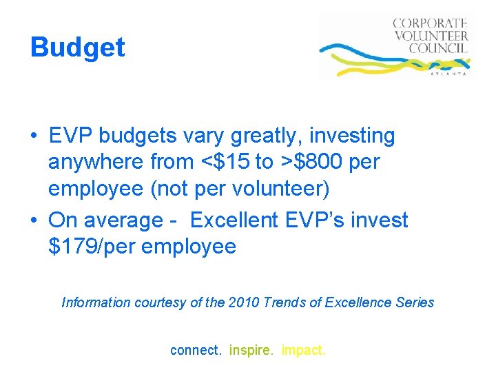 Budget • EVP budgets vary greatly, investing anywhere from <$15 to >$800 per employee