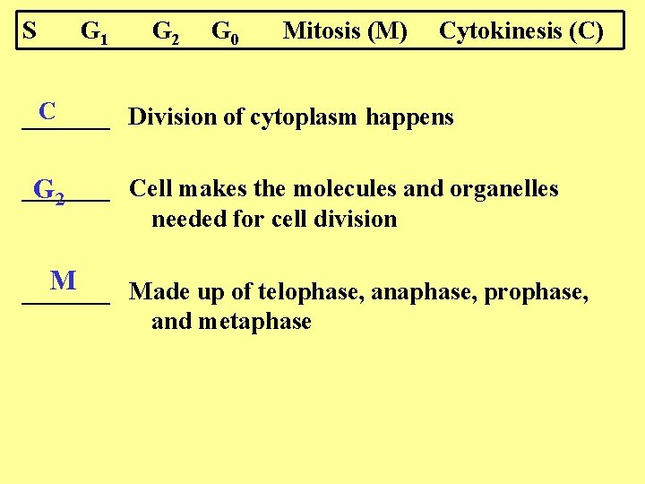 S G 1 G 2 G 0 Mitosis (M) Cytokinesis (C) C _______ Division