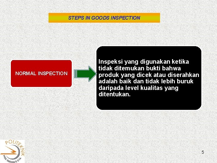 STEPS IN GOODS INSPECTION NORMAL INSPECTION Inspeksi yang digunakan ketika tidak ditemukan bukti bahwa