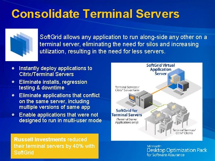 Consolidate Terminal Servers Soft. Grid allows any application to run along-side any other on