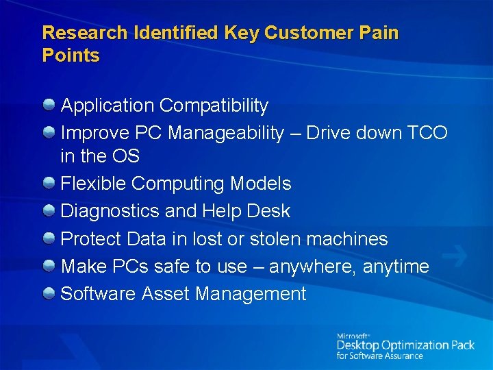 Research Identified Key Customer Pain Points Application Compatibility Improve PC Manageability – Drive down