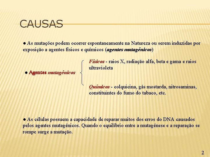 CAUSAS ● As mutações podem ocorrer espontaneamente na Natureza ou serem induzidas por exposição