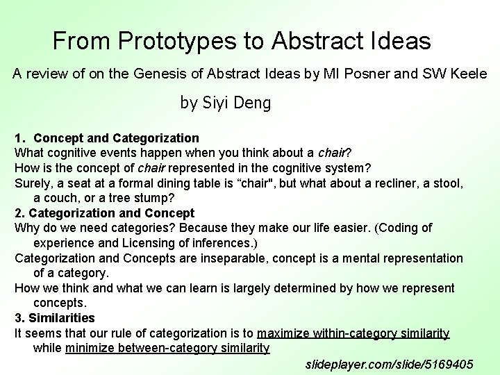 From Prototypes to Abstract Ideas A review of on the Genesis of Abstract Ideas