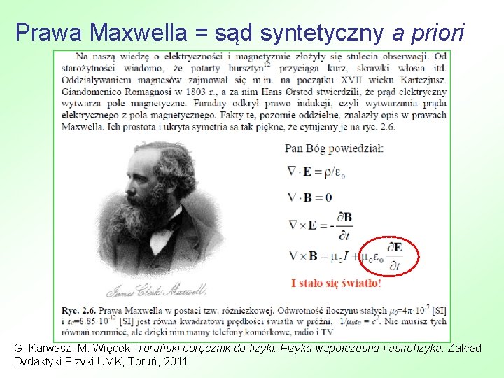 Prawa Maxwella = sąd syntetyczny a priori G. Karwasz, M. Więcek, Toruński poręcznik do