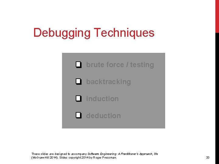 Debugging Techniques brute force / testing backtracking induction deduction These slides are designed to