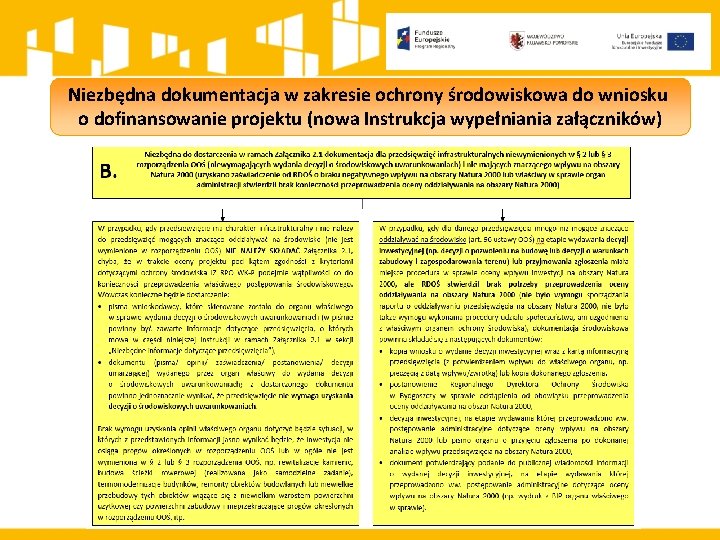 Niezbędna dokumentacja w zakresie ochrony środowiskowa do wniosku o dofinansowanie projektu (nowa Instrukcja wypełniania