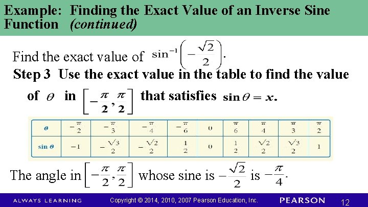 Example: Finding the Exact Value of an Inverse Sine Function (continued) Find the exact